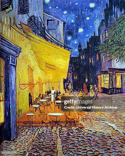 Painting titled 'Cafe Terrace at Night' by Vincent Van Gogh a Dutch Post-Impressionist painter. Dated 19th Century.