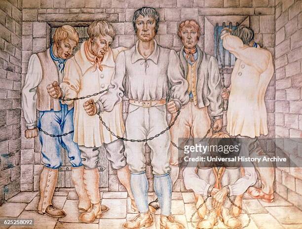 Illustration of the Tolpuddle Martyrs, a group of 19th Century Dorset agricultural labourers who were arrested for and convicted of swearing a secret...