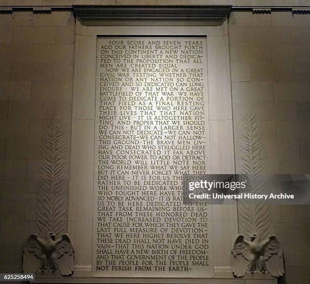 Abraham Lincoln's Gettysburg Address inscribed on a wall of the Lincoln Memorial, an American national monument built to honour the 16th President of...