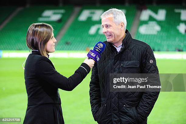 Margot Dumont and Lucien Favre coach of Nice during the Ligue 1 match between As Saint Etienne and Ogc Nice at Stade Geoffroy-Guichard on November...