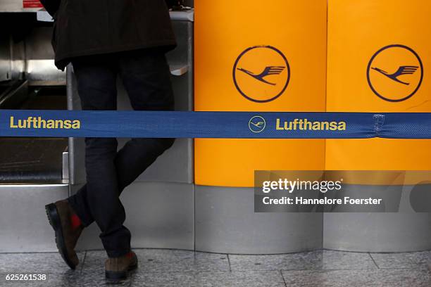 Lufthansa counter at terminal 1 on the first of a two-day strike at Frankfurt Airport on November 23, 2016 in Frankfurt, Germany. Lufthansa pilots,...