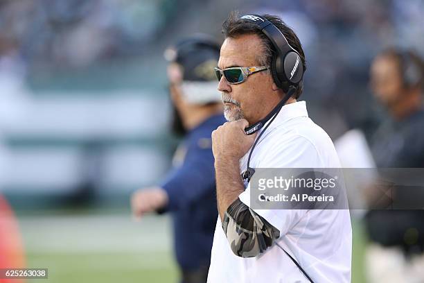 Head Coach Jeff Fisher of the Los Angeles Rams follows the action against the New York Jets at MetLife Stadium on November 13, 2016 in East...