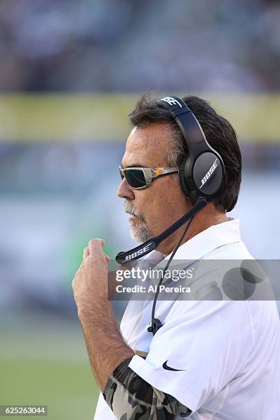 Head Coach Jeff Fisher of the Los Angeles Rams follows the action against the New York Jets at MetLife Stadium on November 13, 2016 in East...