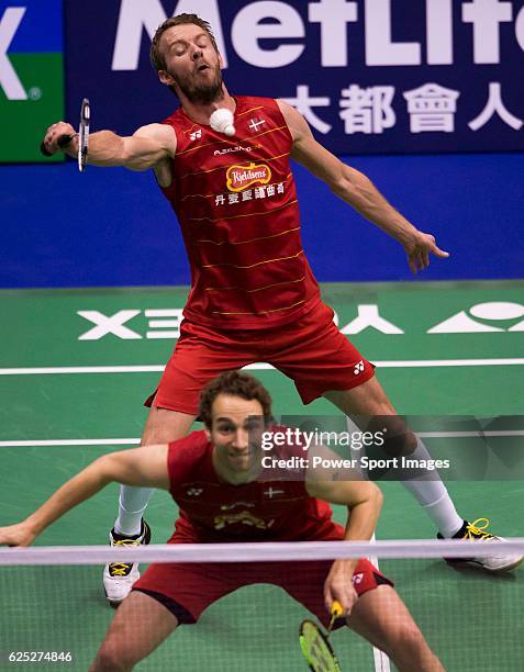 Carsten MOGENSEN and Mathias BOE of Denmark in action while playing against CHEN Hung Ling and Chi-Lin WANG of Chinese Taipei during the 2016 Hong...