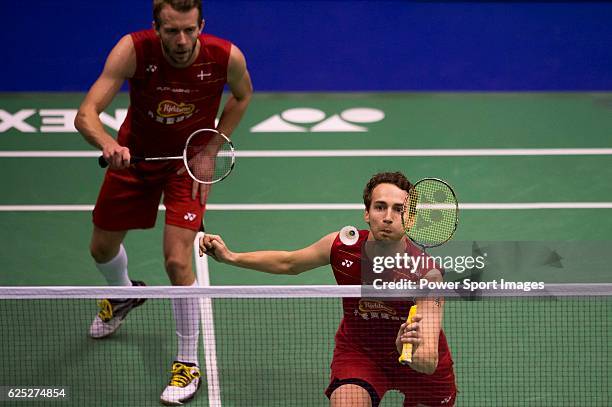 Mathias BOE and Carsten MOGENSEN of Denmark in action while playing against CHEN Hung Ling and Chi-Lin WANG of Chinese Taipei during the 2016 Hong...