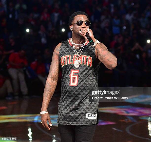 Gucci Mane performs at Halftime - Hawks V Pelicans at Philips Arena on November 22, 2016 in Atlanta, Georgia.