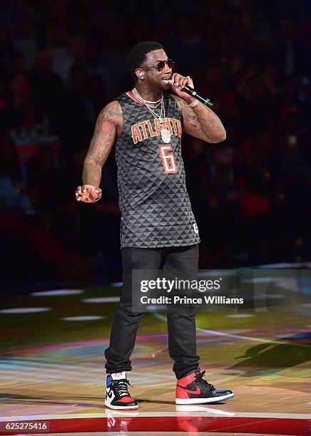 Gucci Mane performs at Halftime - Hawks V Pelicans at Philips Arena on November 22, 2016 in Atlanta, Georgia.