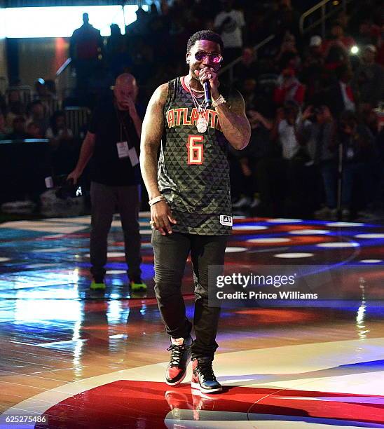 Gucci Mane performs at Halftime - Hawks V Pelicans at Philips Arena on November 22, 2016 in Atlanta, Georgia.