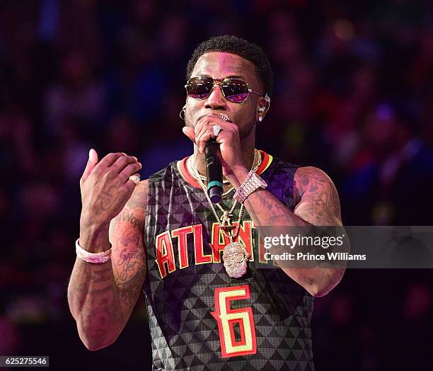 Gucci Mane performs at Halftime - Hawks V Pelicans at Philips Arena on November 22, 2016 in Atlanta, Georgia.