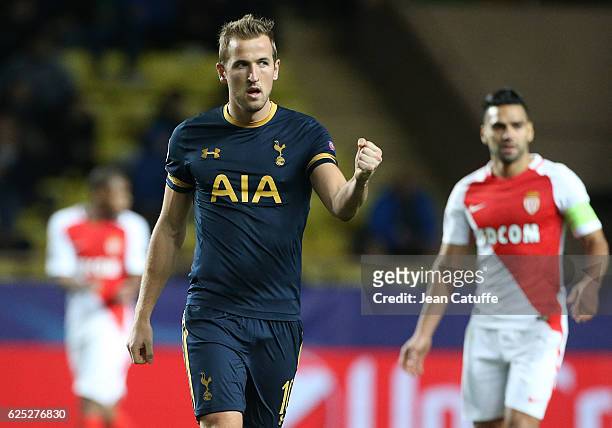 Harry Kane of Tottenham celebrates his goal during the UEFA Champions League match between AS Monaco FC and Tottenham Hotspur FC at Stade Louis II on...