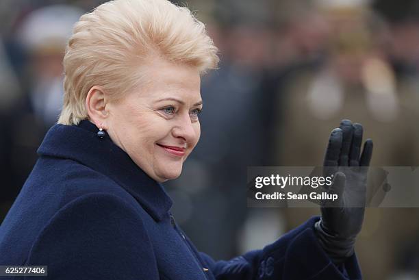 Lithuanian President Dalia Grybauskaite arrives to speak at a parade of soldiers participating in the Iron Sword multinational military exercises on...