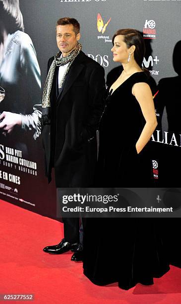 Brad Pitt and Marion Cotillard attend the Madrid Premiere of 'Allied' at Callao City Lights on November 22, 2016 in Madrid, Spain.