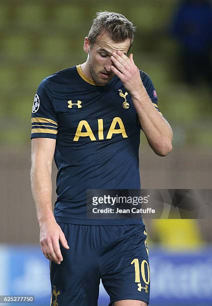 Harry Kane of Tottenham reacts after the defeat following the UEFA Champions League match between AS Monaco FC and Tottenham Hotspur FC at Stade...
