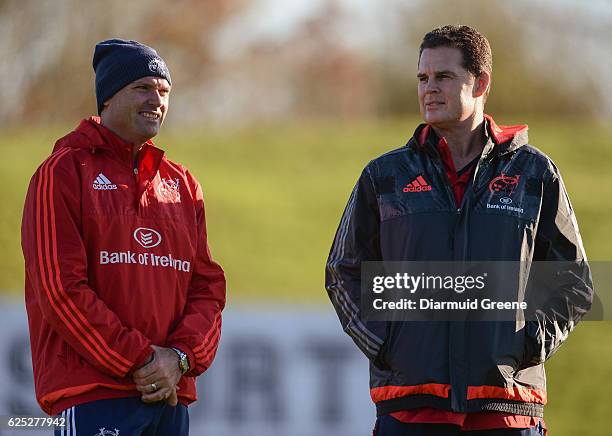 Limerick , Ireland - 23 November 2016; Munster defence coach Jacques Nienaber and director of rugby Rassie Erasmus during squad training at the...