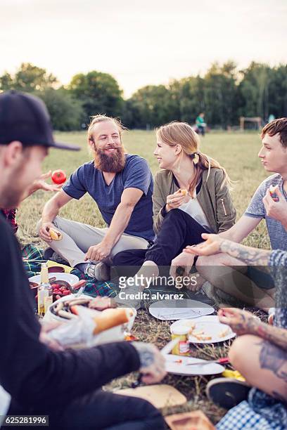 group of friends having picnic in a park - chatting park stockfoto's en -beelden