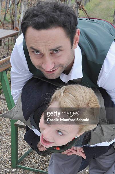 Deniz Cooper and Katharina Strasser pose during the 'Herrgott fuer Anfaenger' set visit in Vienna at Heuriger Sirbu on November 23, 2016 in Vienna,...