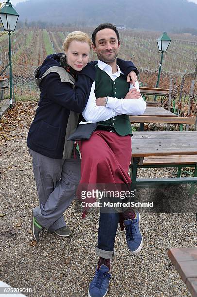 Katharina Strasser and Deniz Cooper pose during the 'Herrgott fuer Anfaenger' set visit in Vienna at Heuriger Sirbu on November 23, 2016 in Vienna,...