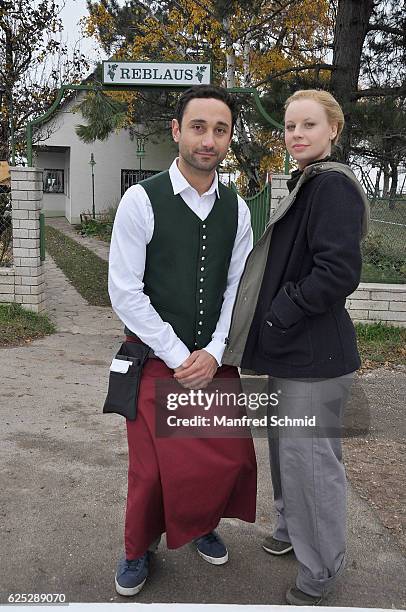 Deniz Cooper and Katharina Strasser pose during the 'Herrgott fuer Anfaenger' set visit in Vienna at Heuriger Sirbu on November 23, 2016 in Vienna,...