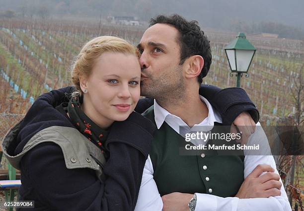 Katharina Strasser and Deniz Cooper pose during the 'Herrgott fuer Anfaenger' set visit in Vienna at Heuriger Sirbu on November 23, 2016 in Vienna,...