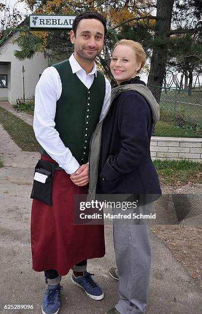 Deniz Cooper and Katharina Strasser pose during the 'Herrgott fuer Anfaenger' set visit in Vienna at Heuriger Sirbu on November 23, 2016 in Vienna,...