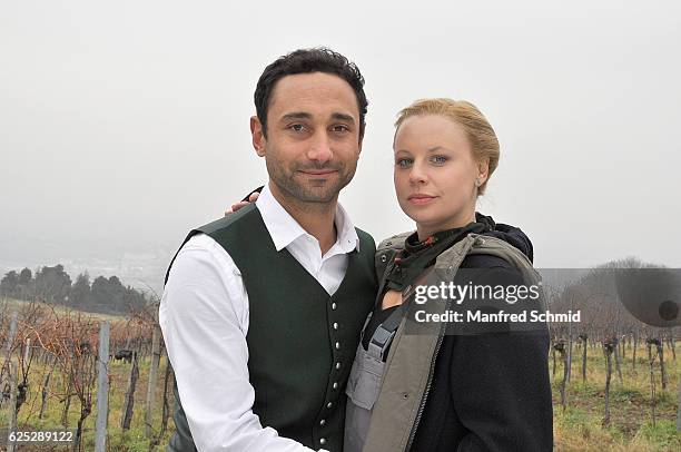 Deniz Cooper and Katharina Strasser pose during the 'Herrgott fuer Anfaenger' set visit in Vienna at Heuriger Sirbu on November 23, 2016 in Vienna,...