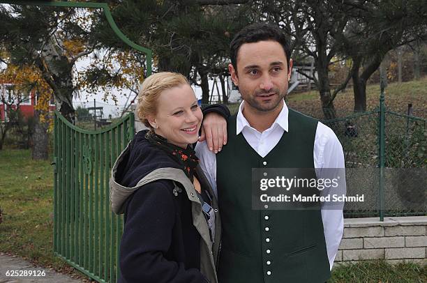 Deniz Cooper and Katharina Strasser pose during the 'Herrgott fuer Anfaenger' set visit in Vienna at Heuriger Sirbu on November 23, 2016 in Vienna,...