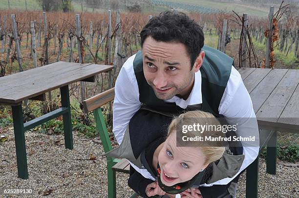 Deniz Cooper and Katharina Strasser pose during the 'Herrgott fuer Anfaenger' set visit in Vienna at Heuriger Sirbu on November 23, 2016 in Vienna,...