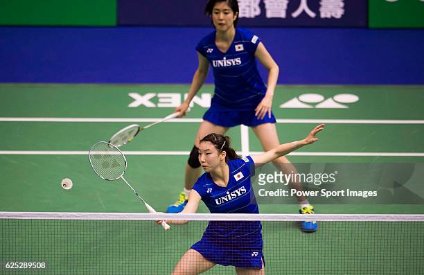 Arisa HIGASHINO and Ayane KURIHARA of Japan in action while playing against Szu Yu CHEN and KUO Yu Wen of Chinese Taipei during the 2016 Hong Kong...