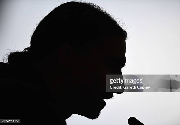 Zlatan Ibrahimovic speaks during a Manchester United press conference on the eve of their UEFA Europa League match against Feyenoord at Aon Training...