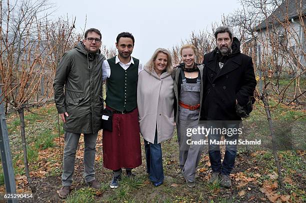 Tommy Pridnig, Deniz Cooper, Sabine Weber, Katharina Strasser and director Sascha Bigler pose during the 'Herrgott fuer Anfaenger' set visit in...