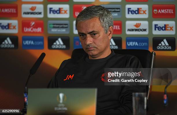 Jose Mourinho manager of Manchester United speaks during a Manchester United press conference on the eve of their UEFA Europa League match against...