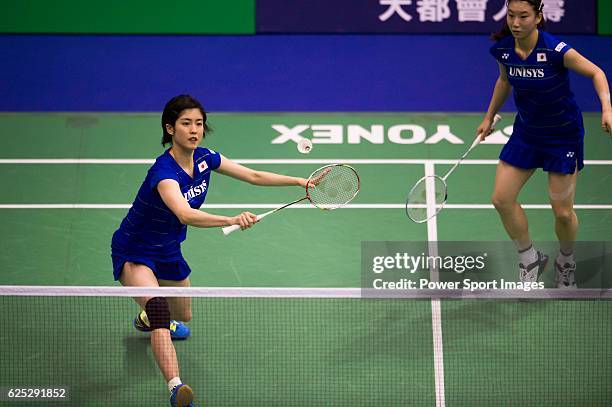 Ayane KURIHARA and Arisa HIGASHINO of Japan in action while playing against Szu Yu CHEN and KUO Yu Wen of Chinese Taipei during the 2016 Hong Kong...