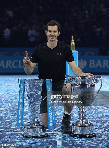 Andy Murray of Great Britain following his victory during the Singles Final against Novak Djokovic of Serbia at the O2 Arena on November 20, 2016 in...