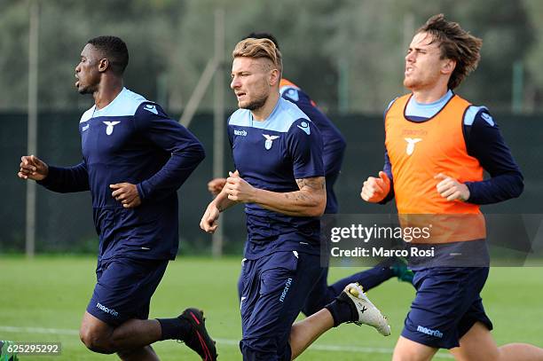 Jacinto Bastos, Ciro Immobile and Patricio Gil Gabarron of SS Lazio in action during the SS Lazio Training Session on November 23, 2016 in Rome,...