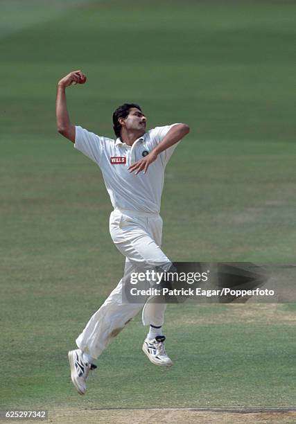 Anil Kumble bowling for India during the 2nd Test match between England and India at Lord's Cricket Ground, London, 20th June 1996.