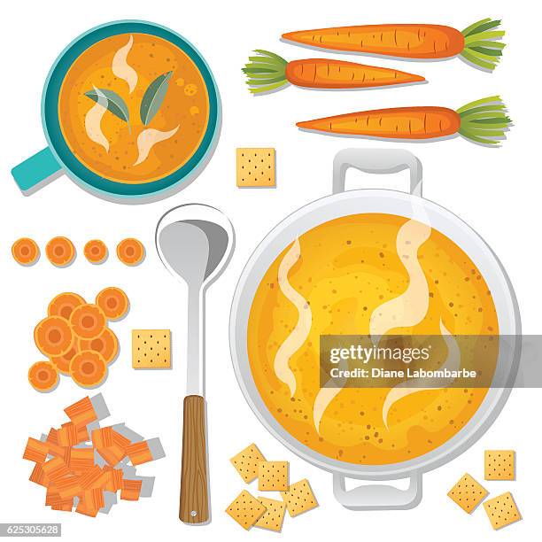 food cooking flat lay - soup - carrot soup stock illustrations