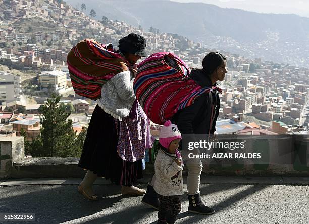 Inhabitants of El Alto march down to La Paz to protest for the shortage of water in both cities, on November 23, 2016 in La Paz. Bolivia suffers its...