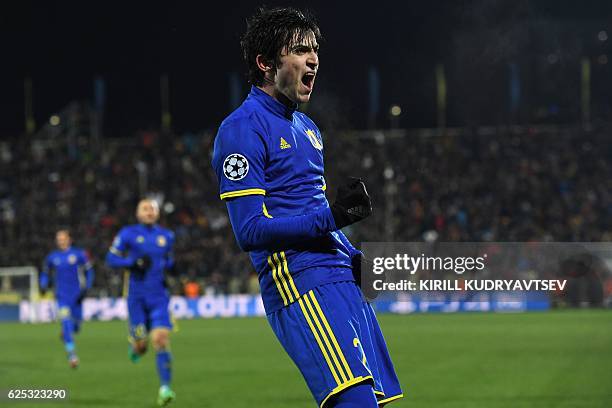 Rostov's Iranian forward Sardar Azmoun celebrates after scoring his team's first goal during the UEFA Champions League football match between FC...