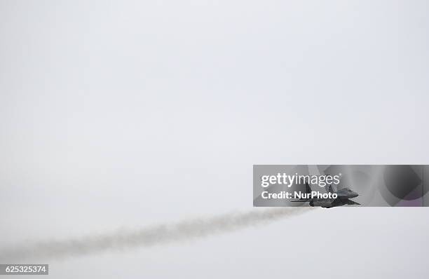 Mig-29 fighter of Ukrainian Air Force flies during a training session over a military airbase in Vasylkiv village, some 30km of Kiev. Ukraine,...