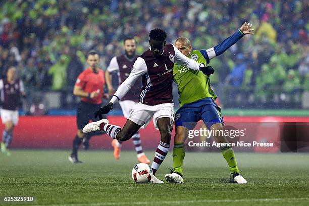 Dominique Badji of Colorado Rapids and Osvaldo Alonso of Seattle Sounders during the first leg of the Western Conference Championship in the Audi...