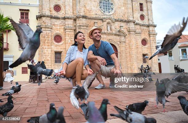 couple traveling and feeding doves in cartagena - pidgeon stock pictures, royalty-free photos & images