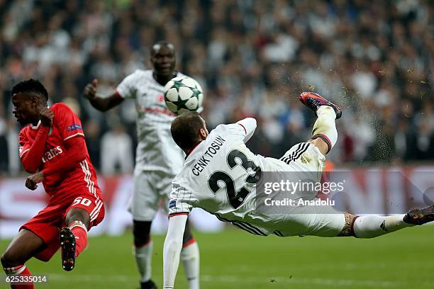 Cenk Tosun of Besiktas shoots to a goal during the UEFA Champions League Group B match between Besiktas and SL Benfica at Vodafone Arena in Istanbul,...