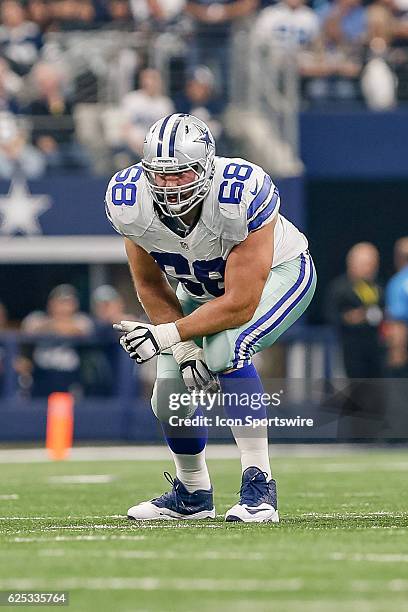 Dallas Cowboys Offensive Tackle Doug Free gets set during the NFL game between the Baltimore Ravens and Dallas Cowboys on November 20 at AT&T Stadium...