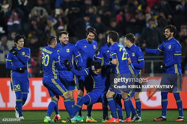 Rostov's Ecuadorian midfielder Christian Noboa celebrates after scoring his team's third goal from a free-kick during the UEFA Champions League...