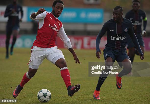 Kaylen Hinds of Arsenal Under 19s during UEFA Youth League match between Arsenal against Paris Saint-Germain at Boreham Wood Football Club on...
