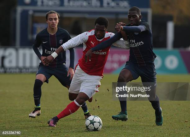 Theo Epailly of Paris Saint-Germain, Kaylen Hinds of Arsenal Under 19s and Boubakary Soumare of Paris Saint-Germain Under 19s during UEFA Youth...