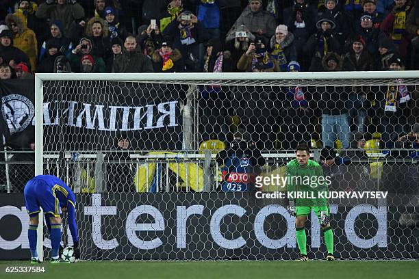 Rostov's forward Dmitri Poloz scores a penalty goal during the UEFA Champions League football match between FC Rostov and FC Bayern Munich at...