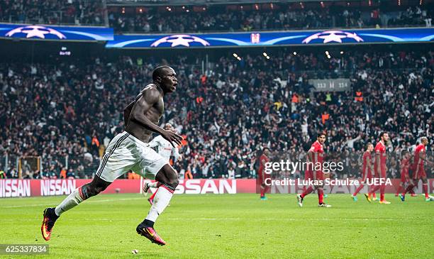 Vincent Aboubakar of Istanbul celebrates his teams third goal during the UEFA Champions League match between Besiktas JK and SL Benfica at Vodafone...