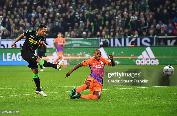 Raffael of Borussia Moenchengladbach scores the first goal during the UEFA Champions League match between VfL Borussia Moenchengladbach and...