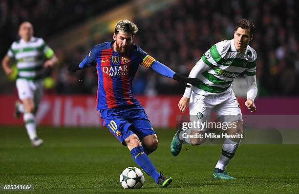Lionel Messi of Barcelona in action during the UEFA Champions League Group C match between Celtic FC and FC Barcelona at Celtic Park Stadium on...